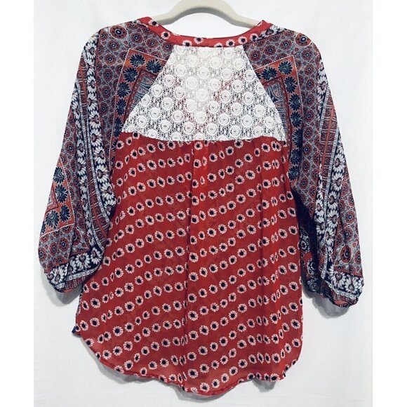 Anthropologie Fig And Flower Top Womens Medium Sheer Lace Boho Floral Red - Picture 2 of 5